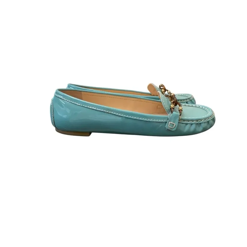 Talbots Teal Patent Leather Loafers Womens 6.5 B Chain Link Flats Brazil